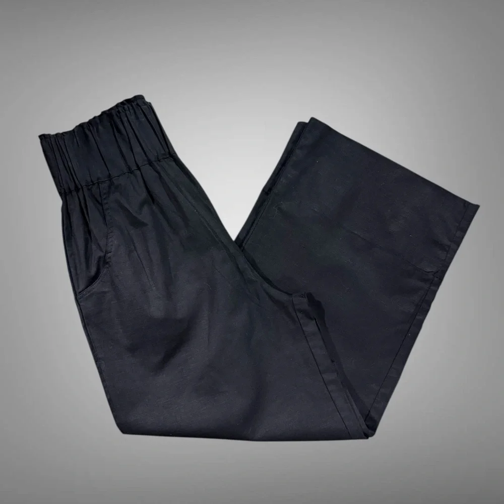 Kourt Flax Linen Crop Summer Pants Black Size Medium Wide Leg Crishelle - Picture 14 of 15